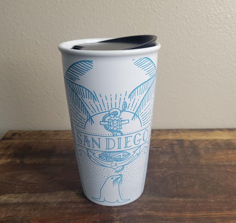 Starbucks San Diego 12 oz Ceramic Travel Mug Blue Palm Trees Lid 6" x 3.5"